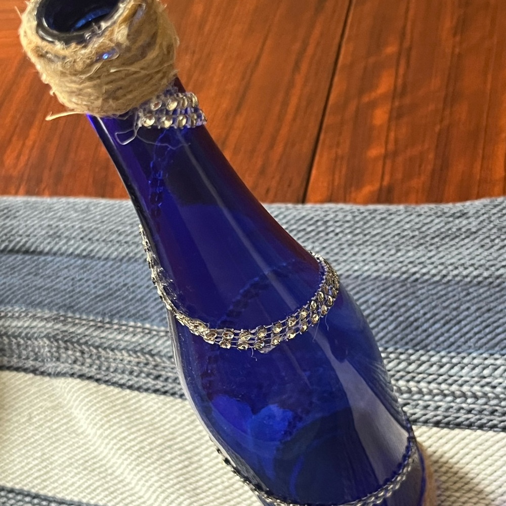 Decorative Blue Glass Bottle with Twine and Rhinestones